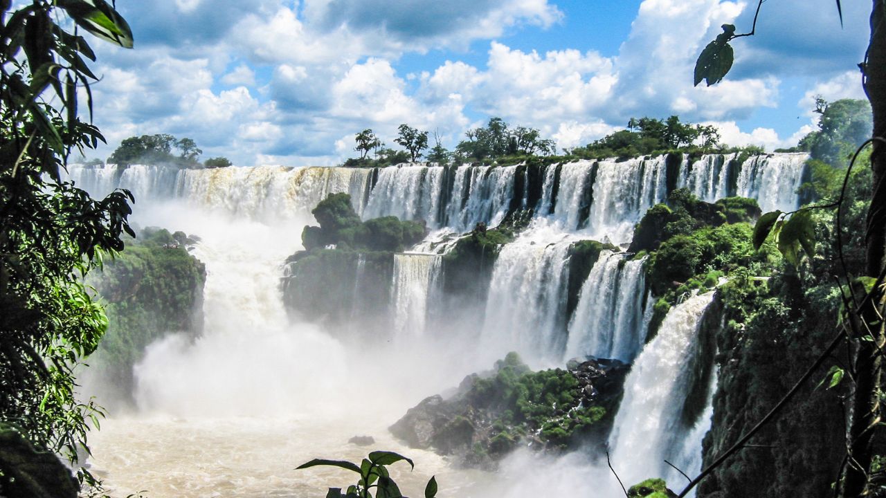 Mist rising over Iguazu Falls from the Brazil side boardwalk